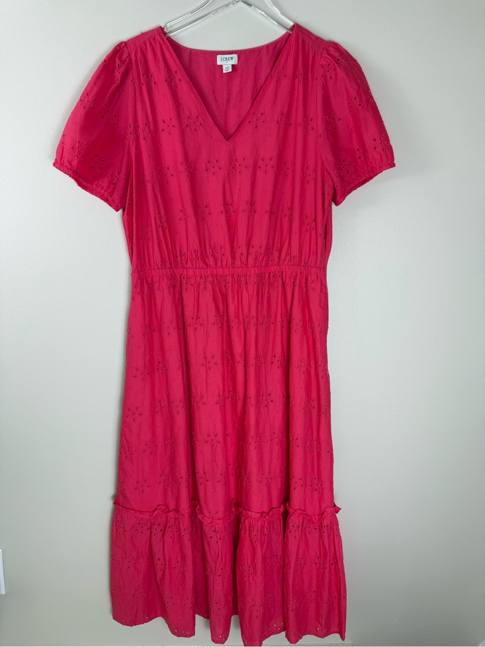 J. Crew Pink Eyelet V-Neck Tiered Midi Dress